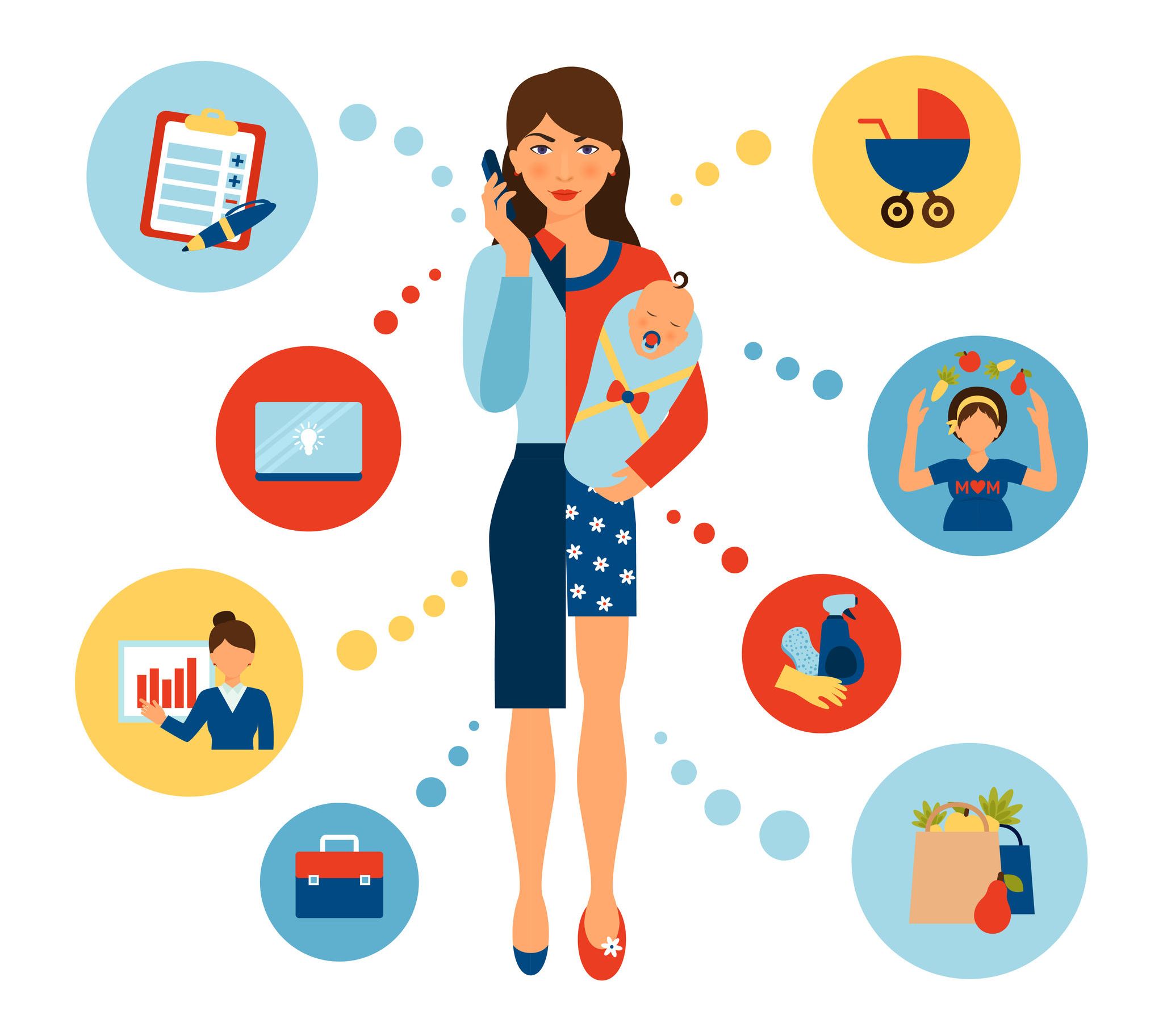 Image of a woman juggling family and career. She is holding a baby with one hand and her phone with the other hand. Image of a woman juggling family and career. She is holding a baby with one hand and her phone with the other hand.